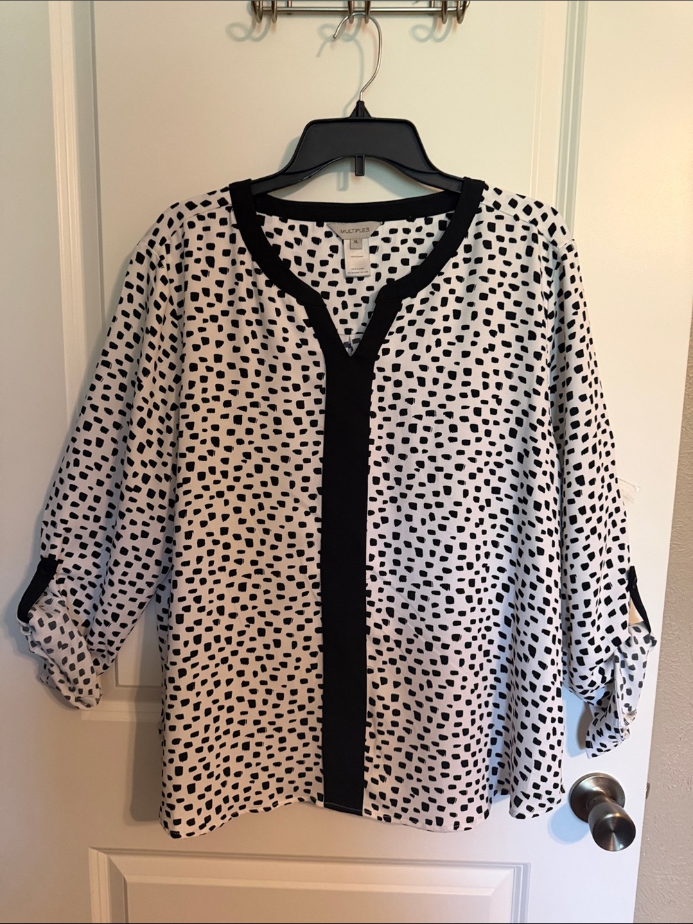 Multiples Black & White Dot-Print Roll-Sleeve Blouse with Contrast Trim